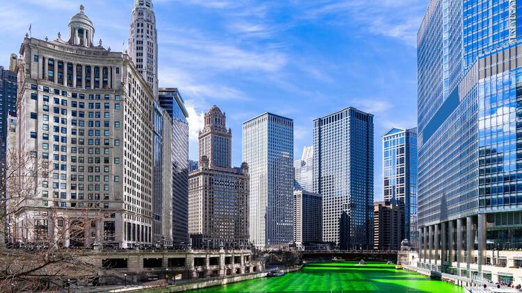 Chicago skyline on st. patrick's day
