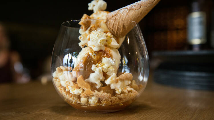 Eightsix signature dish of salted caramel popcorn dessert