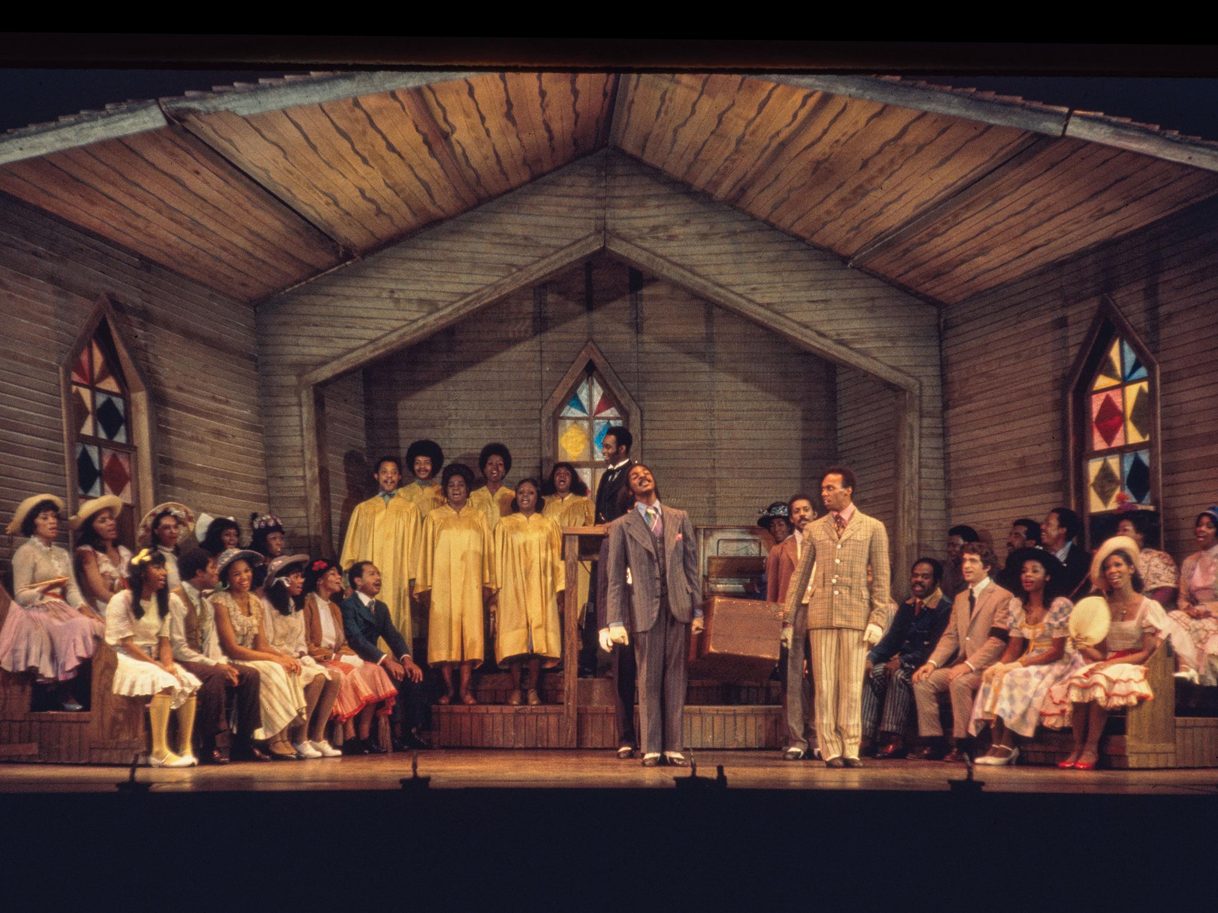 A photograph from Purlie the musical with characters in a church scene.