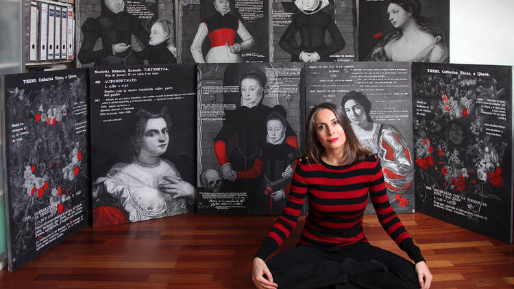Self-portrait of Diana Larrea in her studio surrounded by pieces from her project 'Inventarios Reales', 2023.