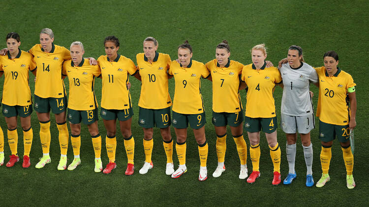 Matildas lined up for the national anthem