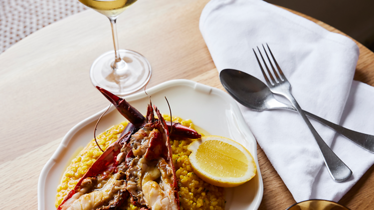 Scampi risotto and wine 