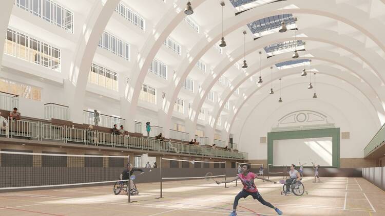 CGI of a sports hall with people playing badminton 