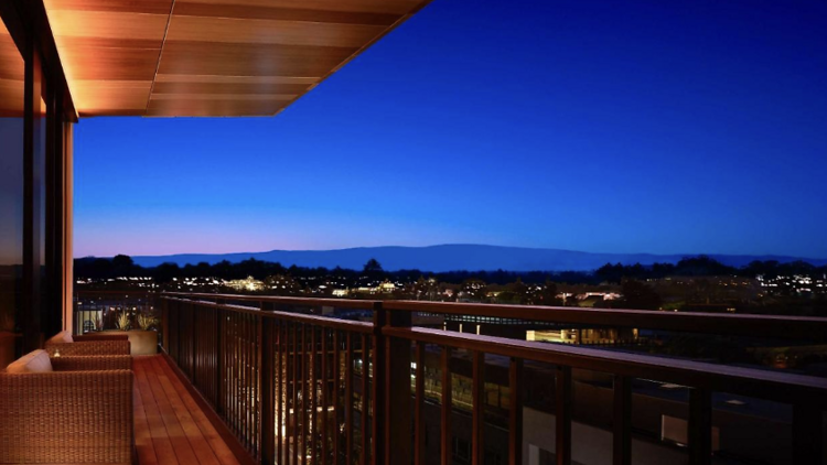 Balcony view of Palo Alto skyline at Nobu Hotel Palo Alto.