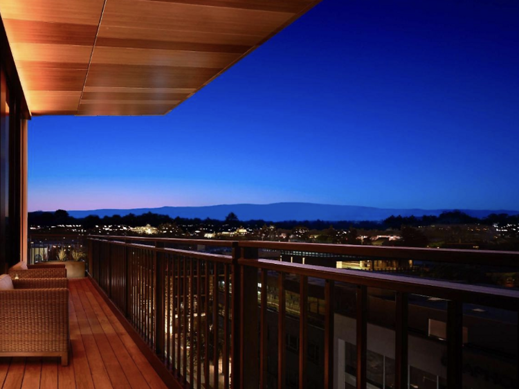 Balcony view of Palo Alto skyline at Nobu Hotel Palo Alto.