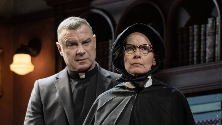 Liev Schreiber (Father Flynn) and Amy Ryan (Sister Aloysius) in Roundabout Theatre Company’s new Broadway production of Doubt: A Parable by John Patrick Shanley, directed by Scott Ellis.