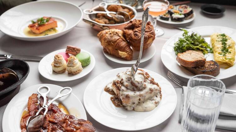 A variety of brunch dishes on a table