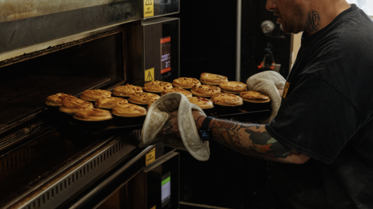 Pies coming out of the oven