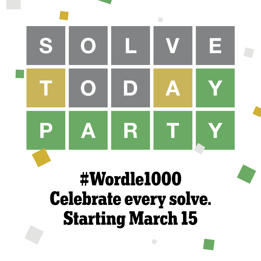 A Wordle board with the words Solve, Today, and Party.