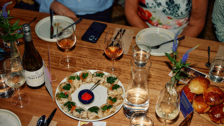 Dishes and wine from a Ukrainian winter feast at Free to Feed.