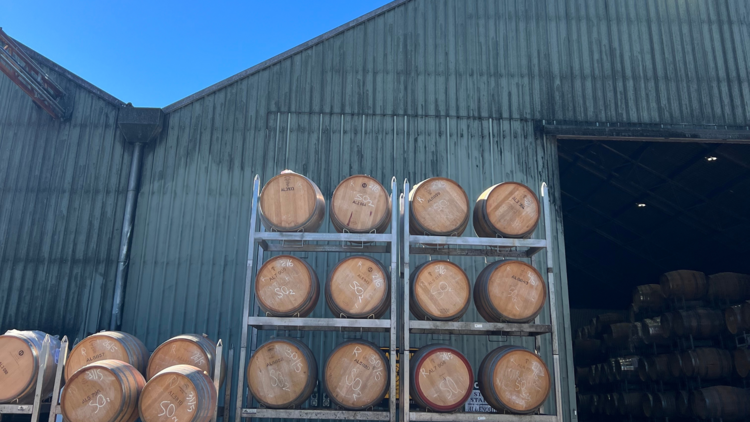 A wine shed holding wine barrels