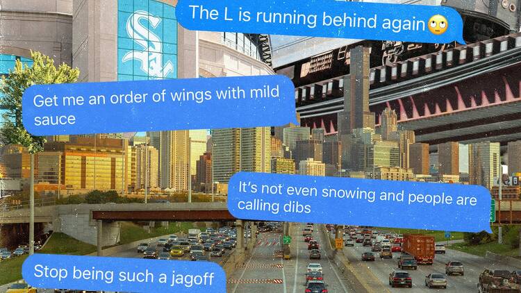 Text bubbles over chicago landmarks