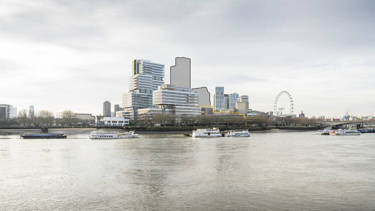 CGI of the Southbank with the mocked outline of The Slab