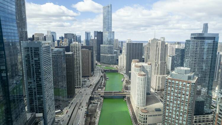 Chicago skyline on st. patrick's day