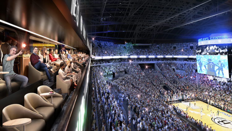 computerized image of people watching a basketball game from a private seating area