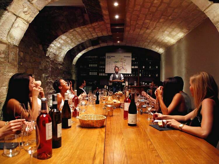 Cheese and wine tasting in a cellar