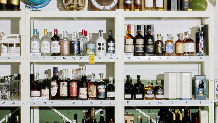 Shelves of alcohol products.