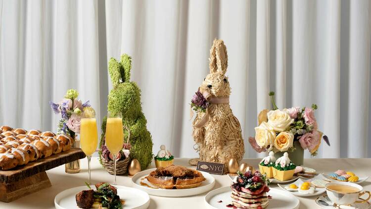 a brunch spread with bunny sculptures