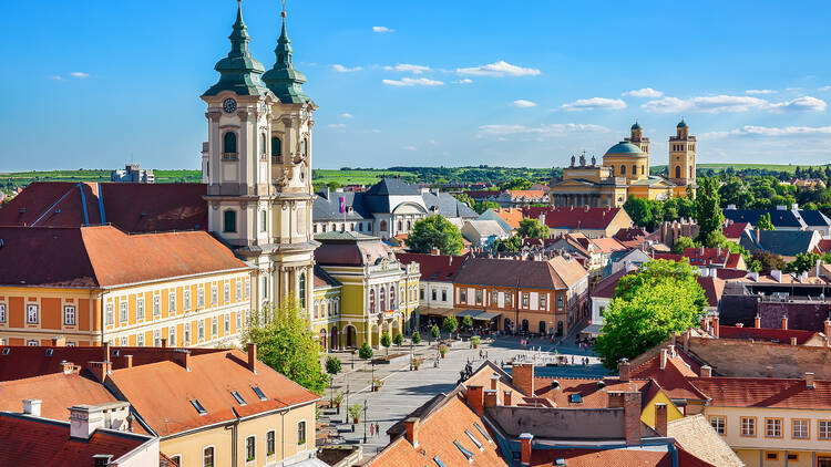 Panoramic view to the old town of Eger, Hungury 