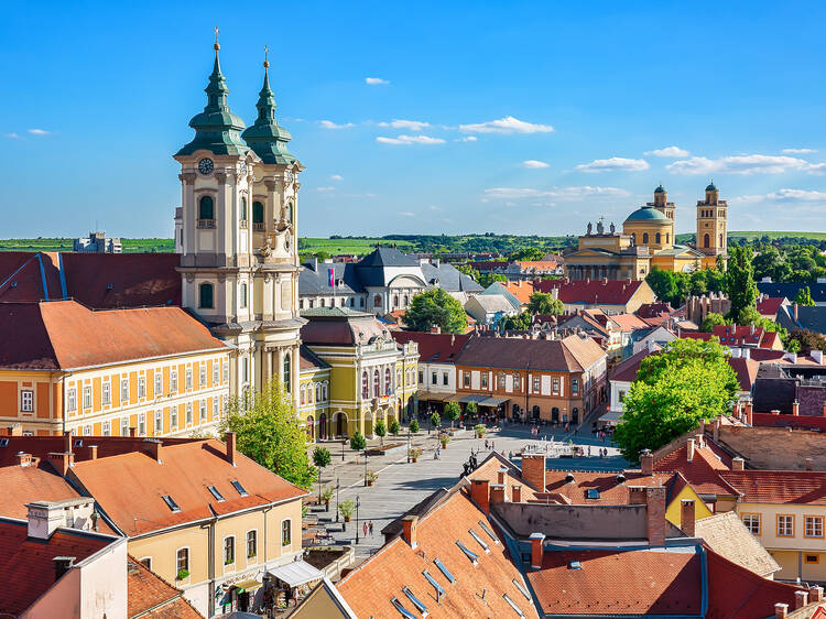 Panoramic view to the old town of Eger, Hungury 