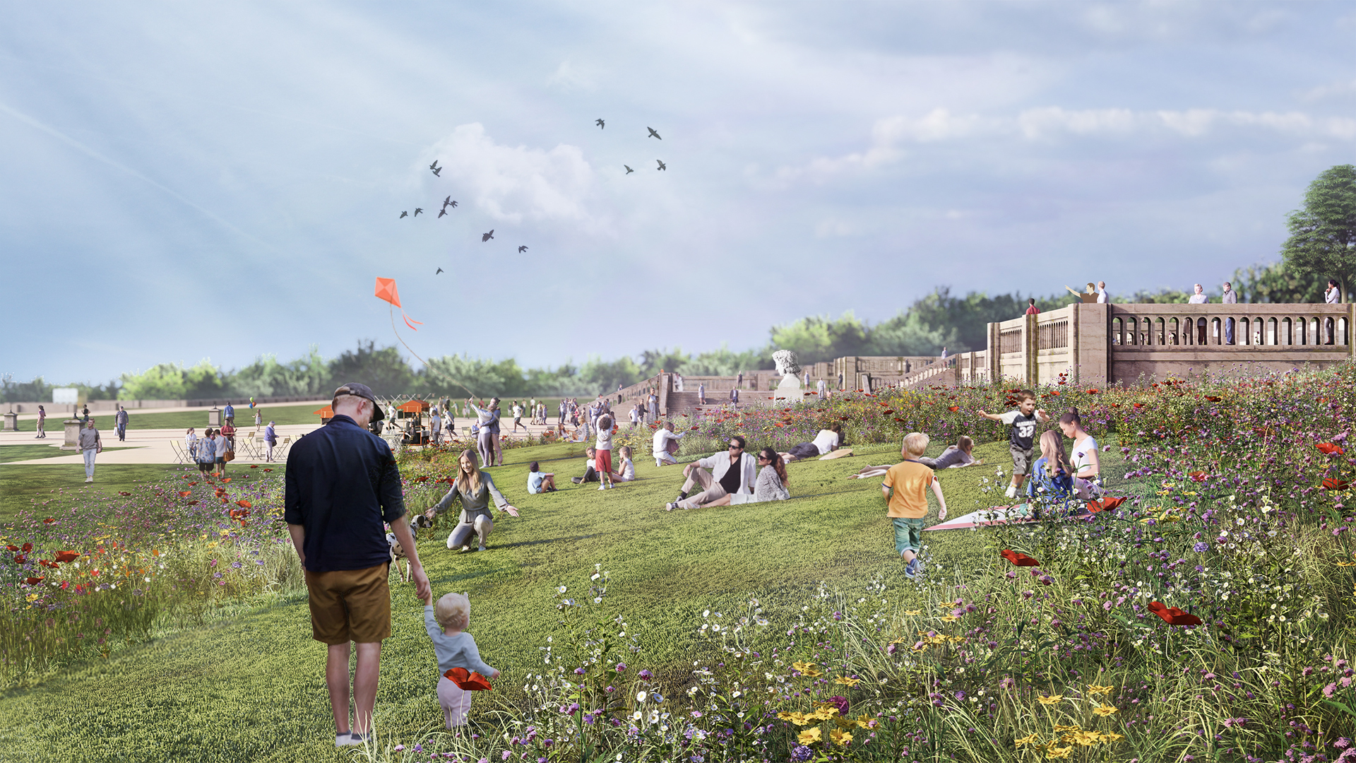 CGI image of Crystal Palace Park's Italian Terrace meadows