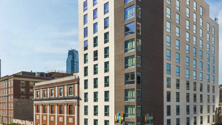 Tall block exterior of EVEN Hotel Brooklyn.