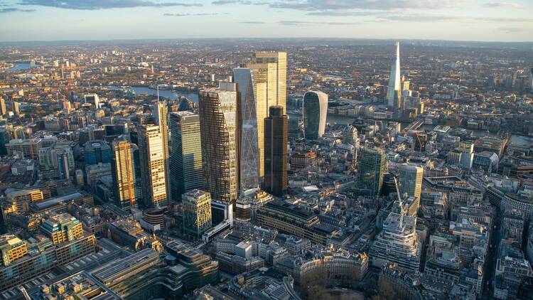 An aerial shot of the City's skyline including the new 99 Bishopsgate tower 