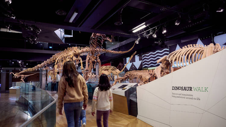 The Dinosaur Walk entrance with skeletons in the background at Melb Museum