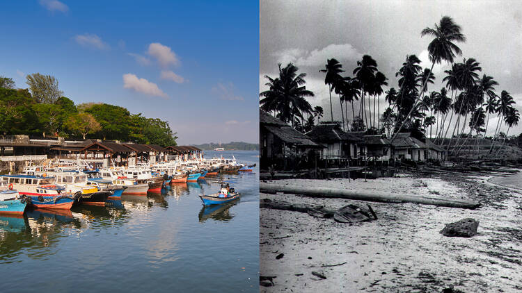 (Left) Changi Beach, 2024, (Right) Beach at Kampong Ayer Gemuroh, 1948