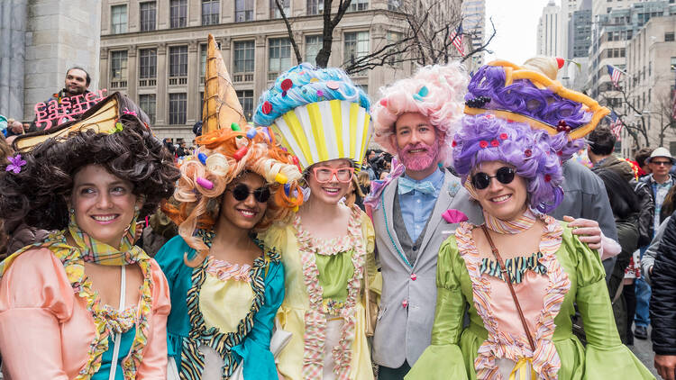 People in Easter bonnets at the annual parade in NYC.