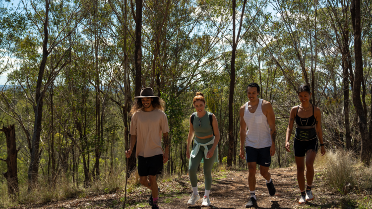 A group of young people hiking through bushland 