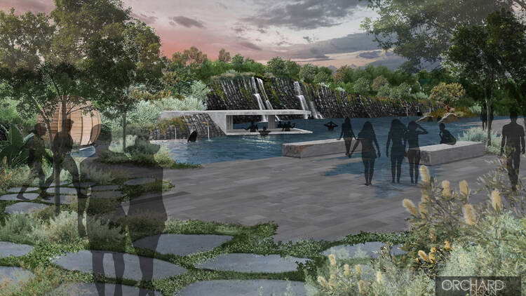 An artist render of a lagoon style hot springs pool. 