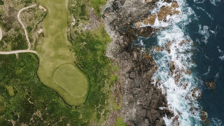 Aerial shot of coastal golf course
