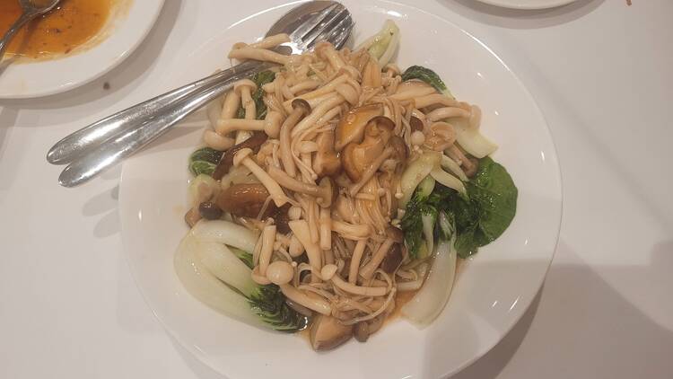 A range of different types of mushrooms stir-fried with Chinese broccoli