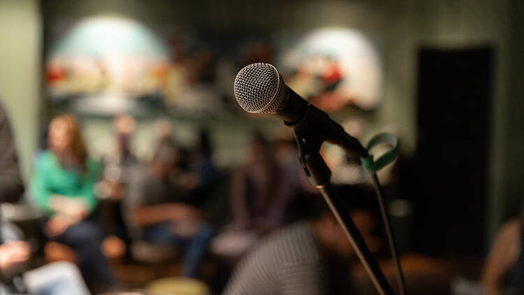 A microphone on a mic stand sits in front of a crowd sitting in a pub