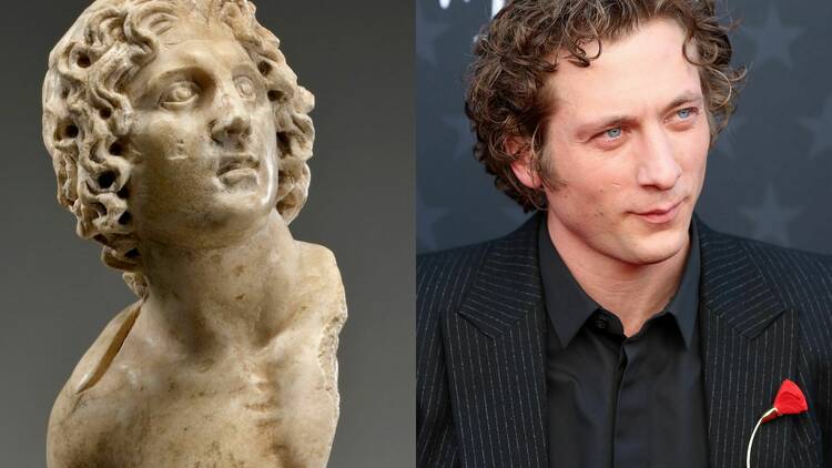 A sculpture of Alexander the Great at left; Jeremy Allen White at right.