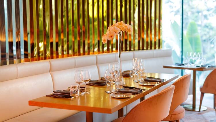 A peach-hued restaurant