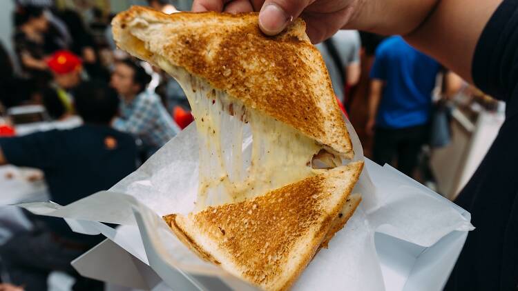 A gooey grilled cheese pull