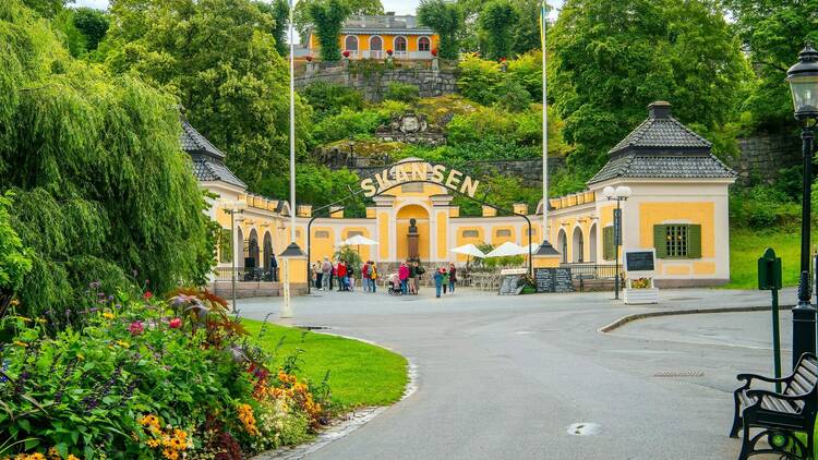 General view of the entrance to the Skansen Open-Air Museum on the island of Djurgarden in Stockholm, Sweden.
