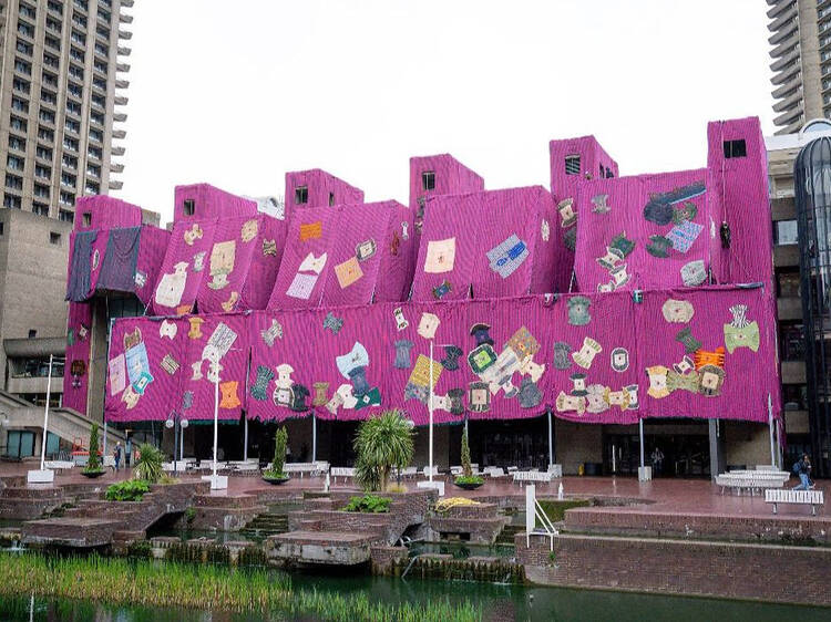 Why has the Barbican been wrapped in pink cloth?