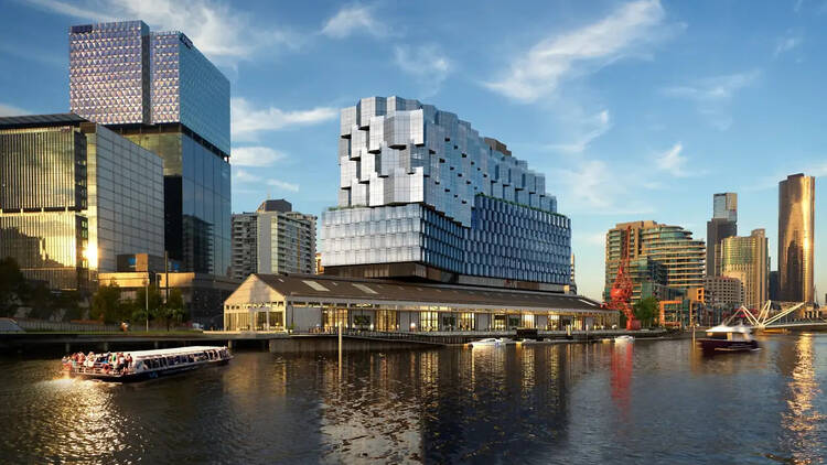 A large hotel on the banks of the Yarra River. 