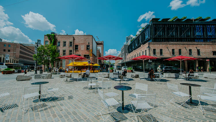 Red umbrellas in the Meatpacking District.