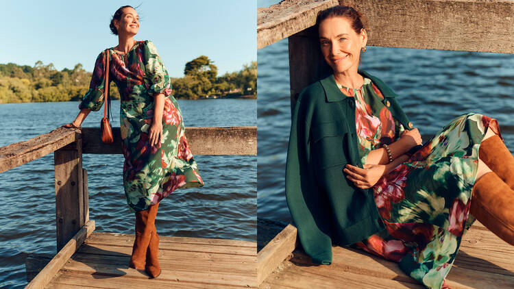 A woman posing on a pier for a fashion campaign
