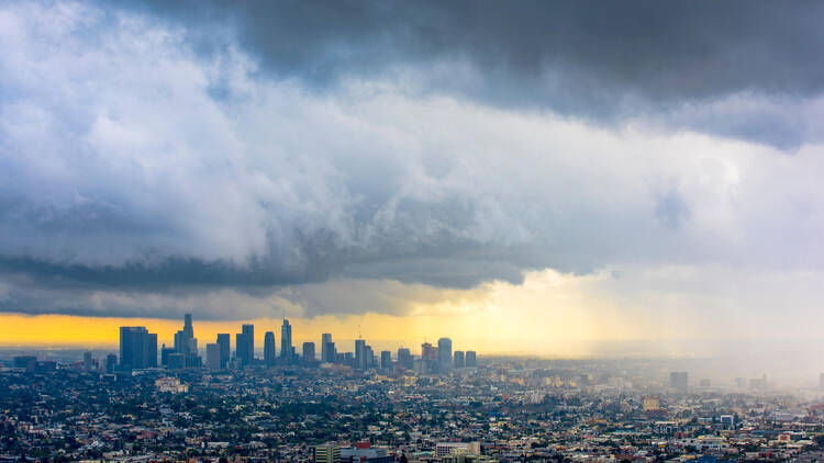 rain over the L.A. skyline