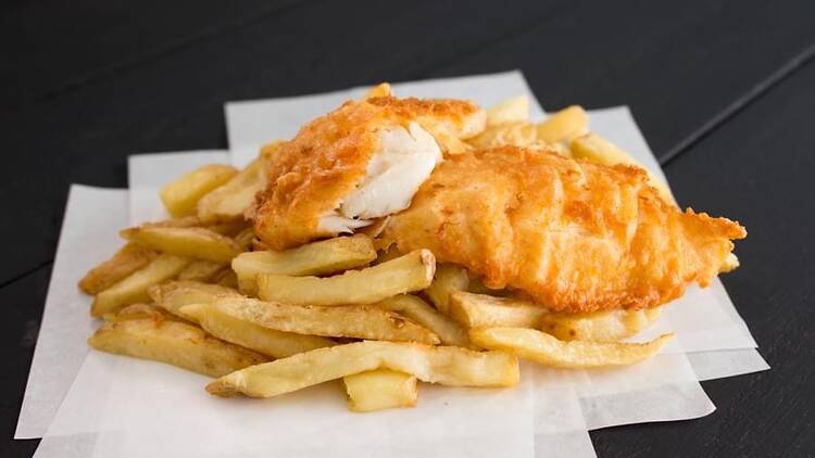 Fish and chips on takeaway paper