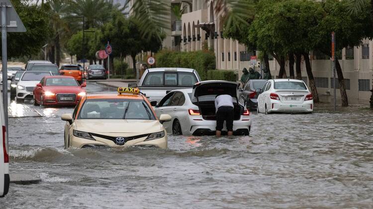 Flooded streets of a residential community in Dubai during a heavy downpour, April 2024