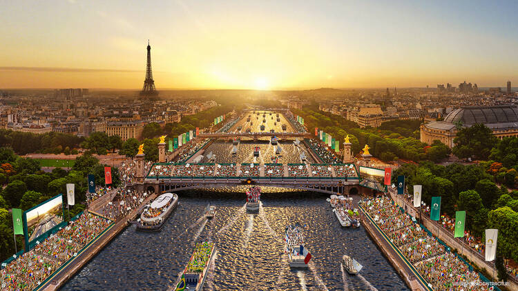 The Eiffel Tower and Seine River - rendering of Paris 2024 Olympic Games Opening Ceremony.