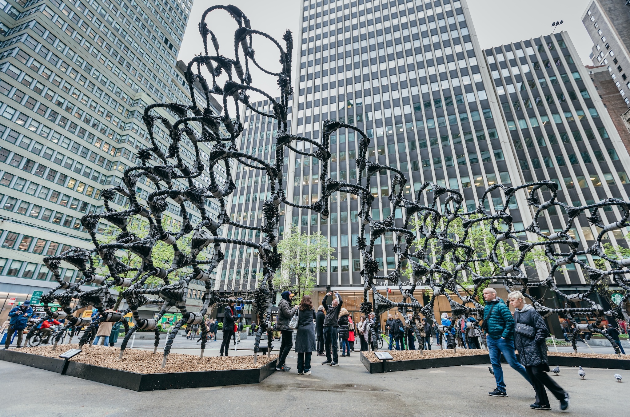 This giant sculpture in the Garment District is made of rubber tires