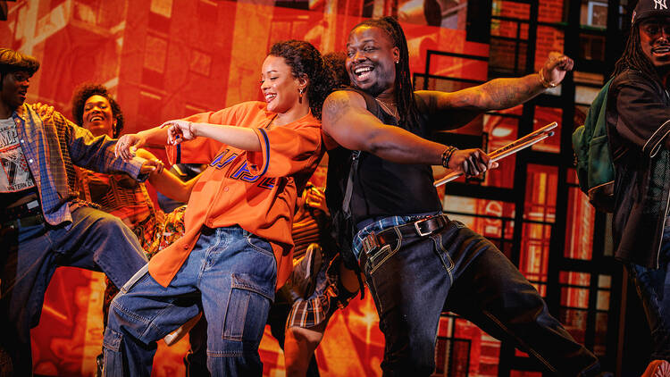 Maleah Joi Moon as “Ali,” Chris Lee as “Knuck” and the company of Hell’s Kitchen on Broadway