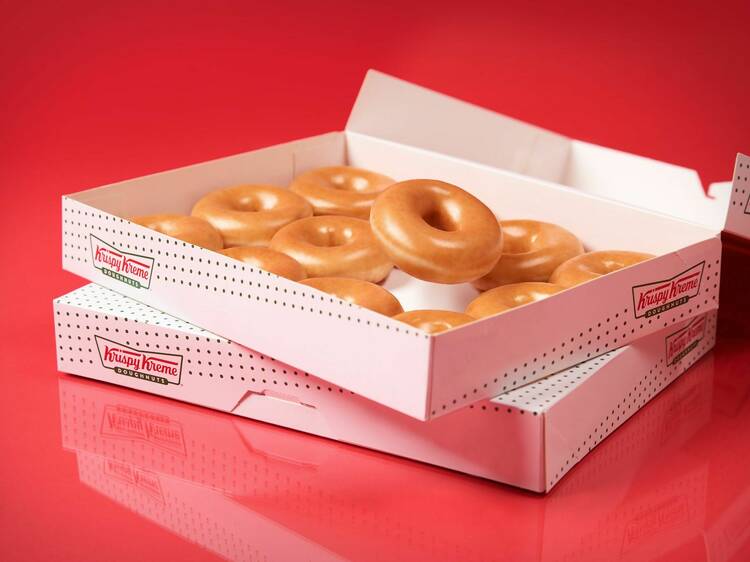 Box of Krispy Kreme's original glazed doughnuts.